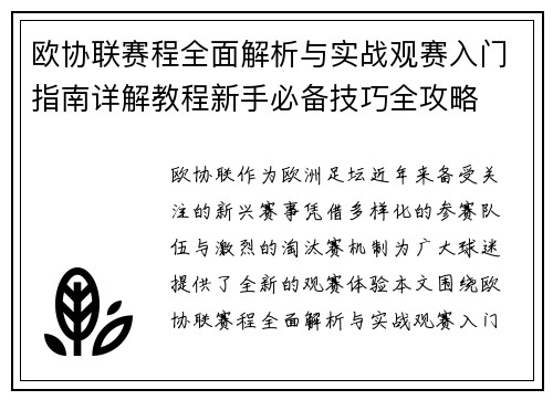 欧协联赛程全面解析与实战观赛入门指南详解教程新手必备技巧全攻略