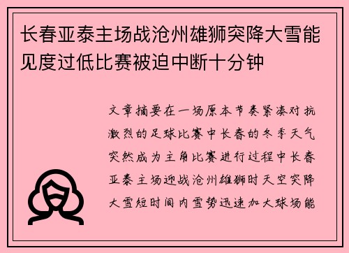 长春亚泰主场战沧州雄狮突降大雪能见度过低比赛被迫中断十分钟